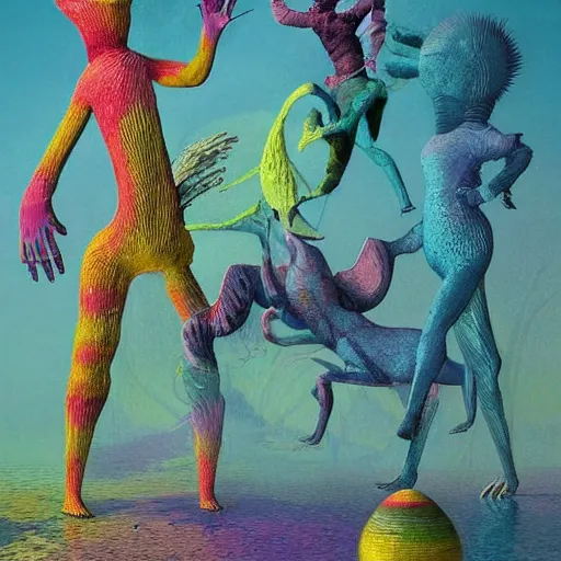 Image similar to strange colourful creatures. digital artwork by vincent bons, michael whelan, beeple, remedios varo and gerardo dottori. grainy and rough. interesting pastel colour palette. beautiful light. oil and water colour based on high quality render. retro.