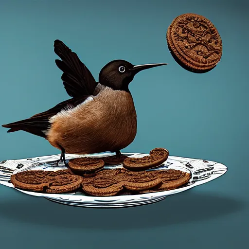 Prompt: a bird eating a plate full of oreos, realism, cinematic, hyper detailed masterpiece, ethereal, post apocalyptic