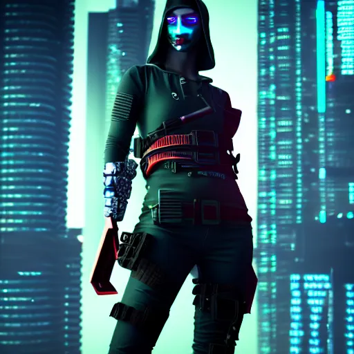 Prompt: photo of a real-life cyberpunk female assassin, 4k