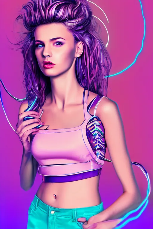 Image similar to a award winning half body portrait of a beautiful woman with stunning eyes in a croptop and cargo pants with ombre purple pink teal hairstyle and hands in pockets by thomas danthony, surrounded by whirling illuminated lines, outrun, vaporware, shaded flat illustration, digital art, trending on artstation, highly detailed, fine detail, intricate