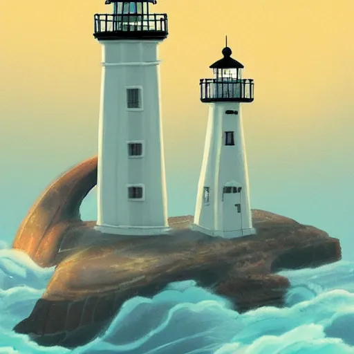 Image similar to beautiful cute cozy lighthouse by the sea, golden warm light, style of hayao miyazaki, digital art trending on artstation