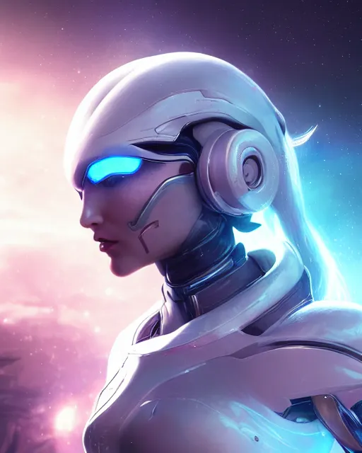 Image similar to perfect android girl on a mothership, warframe armor, beautiful face, scifi, futuristic, galaxy, nebula, raytracing, dreamy, long white hair, blue cyborg eyes, sharp focus, cinematic lighting, highly detailed, artstation, divine, by gauthier leblanc, kazuya takahashi, huifeng huang