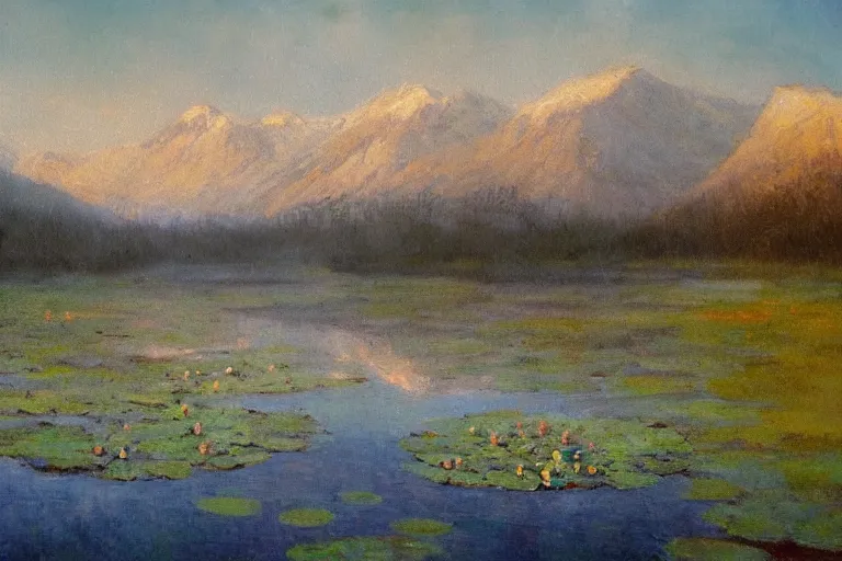 Image similar to impressionism painting of a pond of water lily on a foggy morning, sun low on horizon through snow capped mountains, soft light, misty