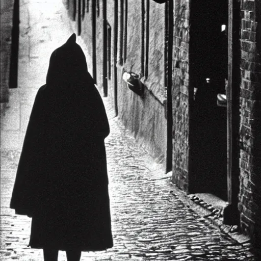 Image similar to fine art photograph of a woman seen from behind she is waiting for the rain to stop, cobblestone street, by henri cartier - bresson