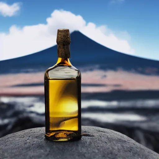 Prompt: symmetrical photo of small bottle standing in front volcano, products shot
