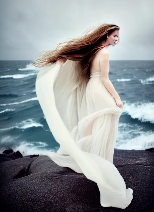 Image similar to cinestill 5 0 d portrait photo of a beautiful woman, britt marling 3 / 4, delicate, subsurface scattering, long hair floating in air in style of gilles zimmermann, 1 5 0 mm, windy mood, dress in voile, mute dramatic colours, soft blur outdoor stormy sea background, volumetric lighting, hyper detailed, hyper realistic