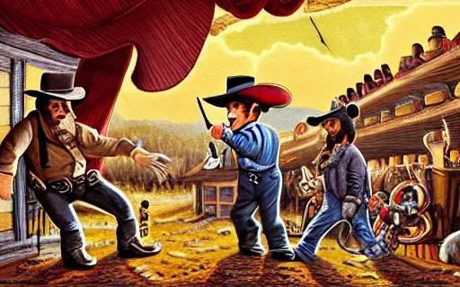 Image similar to photorealistic full - color storybook illustration of : during a hoedown at a saloon in the old west, an angry anthropomorphic raccoon dressed as a cowboy is having a duel with “ daniel day - lewis ” and they are holding revolvers. frightened “ nancy reagan ” is watching them. color professional hyper - realistic drawing.