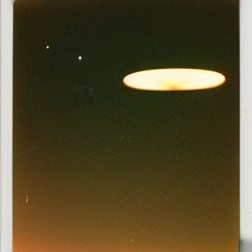 Prompt: a ufo flying over a distant mountain at night, blurry photo, historical photo, old polaroid, expired film,