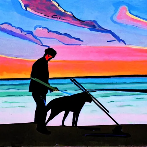 Prompt: a fauvist painting of a man and a black dog digging with a metal detector on a danish beach at sunset