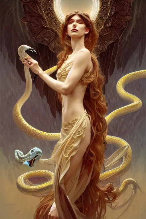 Image similar to group of angels dancing with snakes, fantasy, amber eyes, face, long hair, intricate, elegant, highly detailed, digital painting, artstation, concept art, smooth, sharp focus, illustration, art by artgerm and greg rutkowski and alphonse mucha