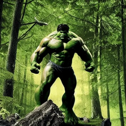 Image similar to the Incredible Hulk as a Sasquatch in the forest