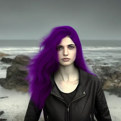 Image similar to 1 7 - year - old pale - skinned persian girl with black long bob cut, black gothic jacket, purple eyes, psychic girl, standing on cliff along the irish coast, overcast gray skies, ultra - realistic, sharp details, subsurface scattering, intricate details, cold lighting, highly detailed, photorealistic, octane render, 8 k unreal engine, art by artgerm