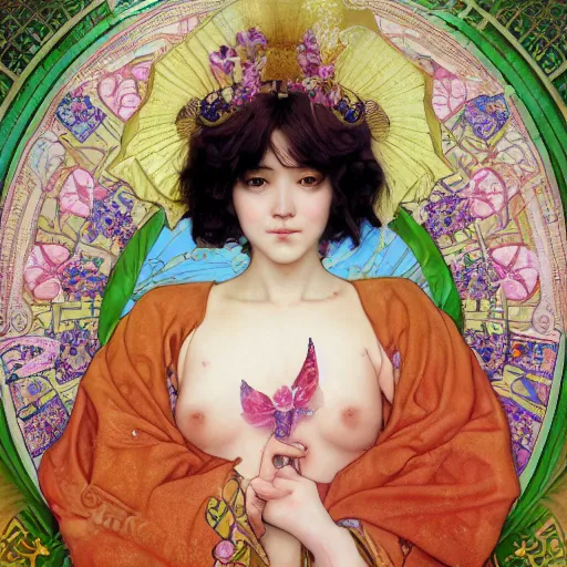 Image similar to Masterpiece portrait of Sakura Kinomot from Card Captro Sakura drawn by Donato Giancola and Tom Bagshaw, face by Artgerm and Edmund Leighton, Alphonse Mucha, background by James Jean and Gustav Klimt, 4k, posthuman, robotic body, porcelain skin, komorebi, french nouveau, trending on pixiv, octane render, hyperrealistic