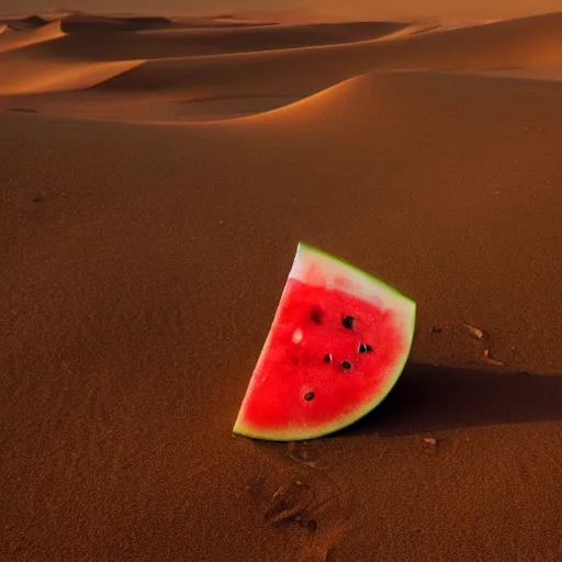 Prompt: a watermelon half buried in a dune of sand in a vast desert, warm colors, cinematic shot