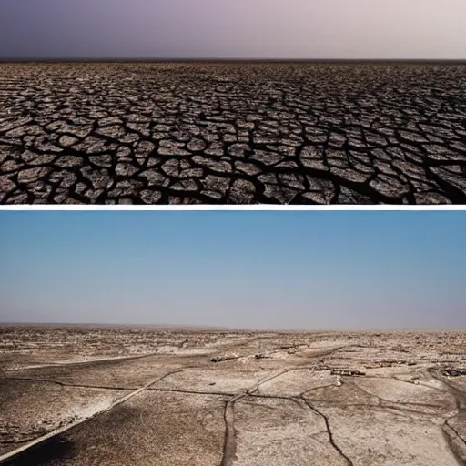 Image similar to apocalyptic beachside city, dried up oceans, desert everywhere, buildings covered in black tar