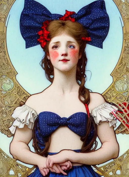 Prompt: close up portrait of wendy thomas, pale young woman with dark freckles and bright red pigtails and blue bows, blue dress with lace ruffles by artgerm, cushart krenz, greg rutkowski, mucha. art nouveau. gloomhaven, golden arches logo, pale colors, sharp edges. ultra clear detailed. 8 k. elegant, intricate, octane render