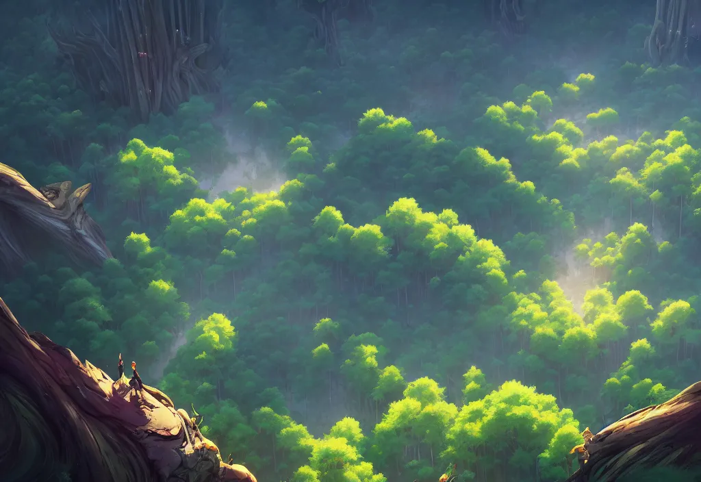 Prompt: high view of the background of a forest that has an endless pit in the bottom of the image, visible brush strokes, forest, dynamic lighting, aesthetics, smooth, d & d, fantasy, asymmetrical, elegant, matte painting, by makoto shinkai borderlands and by feng zhu rossdraws, fan art, cartoon style