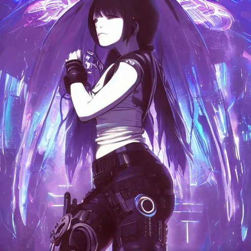 Prompt: anime cyberpunk dark fantasy art, cute and beautiful full body female cyborg - angel in the style of ghost in the shell, stand alone complex, paprika, akira, durararara, red blue purple black fade, braided hair, dark light night like eyes, braided hair, highly intricate detailed, braided hair, advanced digital anime art, wlop and rossdraws and sakimimichan