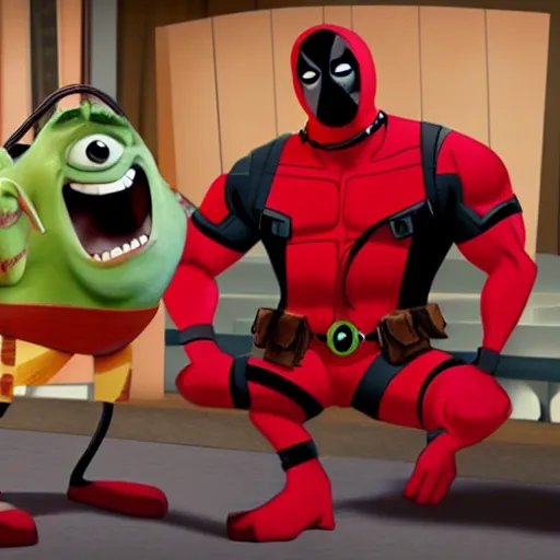 Prompt: Deadpool As seen in Pixar animated movie Monsters Inc. 4K quality super realistic