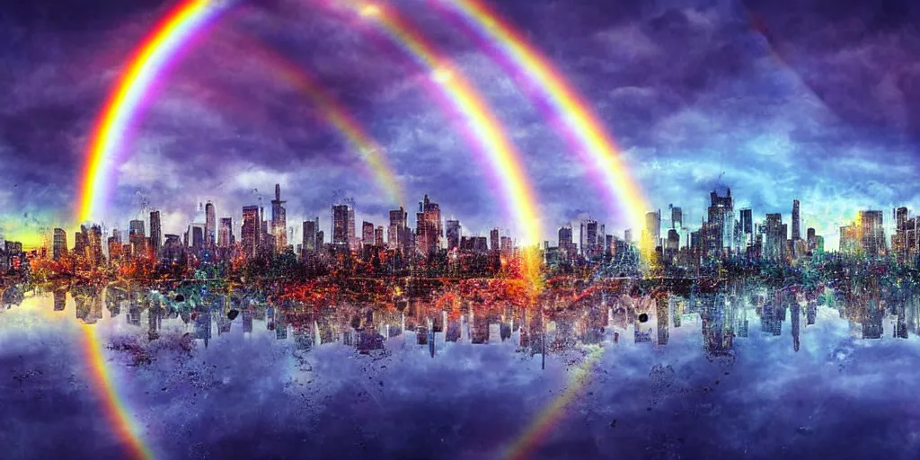 Image similar to a huge city landscape with a dawn mood, many rainbows in the background, incredible digital art, many rainbows, wide angle,