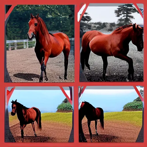 Image similar to 4 progressive frames of a horse running frame - by - frame from video reel