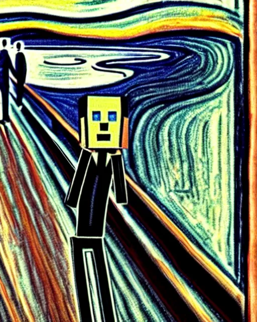 Prompt: minecraft enderman as the subject in the scream by edvard munch