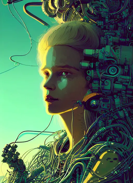Image similar to highly detailed portrait of a biopunk cyborg long wavy blonde hair tribal lady, stray wiring by atey ghailan, james gilleard, by joe fenton, by greg rutkowski, by greg tocchini, by kaethe butcher, 4 k resolution, gradient green, black and white color scheme!!! ( ( forested robotic dense jungle background ) )