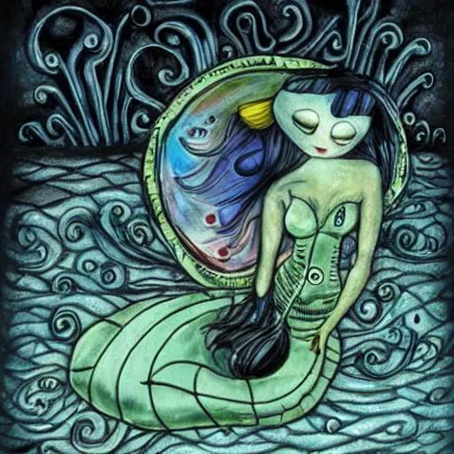 Image similar to a robotic mermaid, art by tim burton