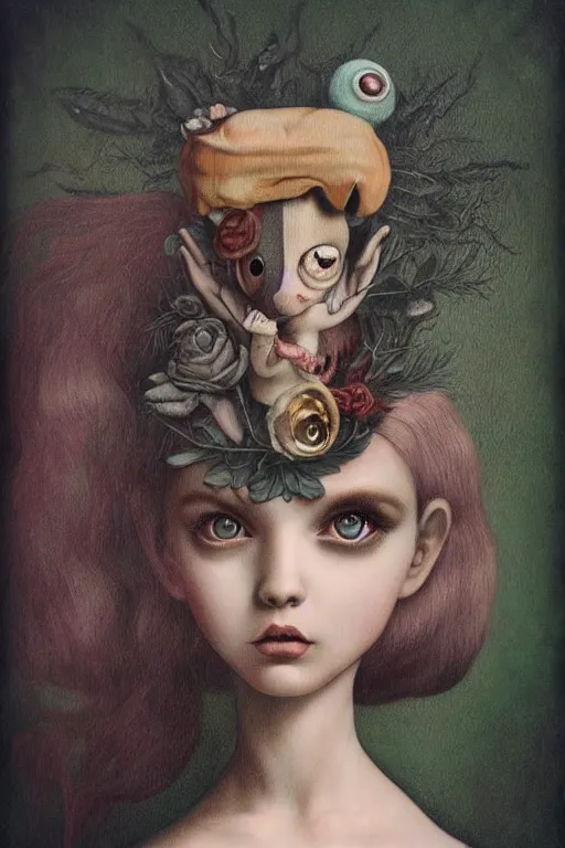 Image similar to pop surrealism, lowbrow art, realistic cute girl painting, hyper realism, victorian fashion, muted colors, trevor brown, mark ryden style