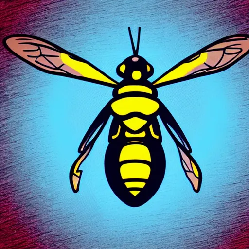 Image similar to man that resembles a wasp morh in surreal sketch style, blue and yellow gradient, noise, ultrafine detail, hd 8k, logo illustration