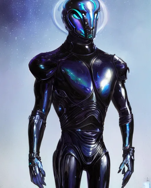 Image similar to character concept of iridescent sinewy smooth muscular male sleek glossy indigo black pearlescent scifi armor with smooth black featureless helmet, made of liquid metal, by greg rutkowski, mark brookes, jim burns, tom bagshaw, magali villeneuve, trending on artstation