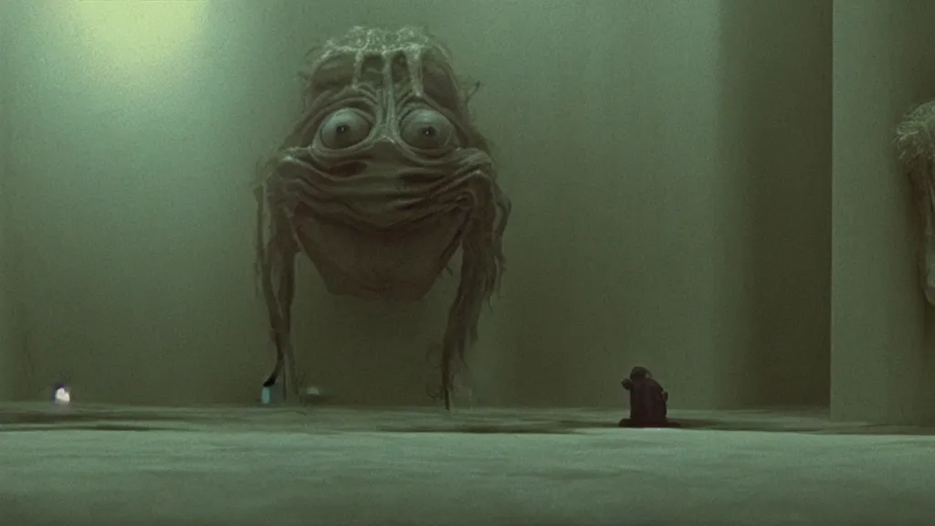 Image similar to the strange creature from my eye, we ait in line at the bank, film still from the movie directed by denis villeneuve and david cronenberg with art direction by salvador dali and zdzisław beksinski, wide lens