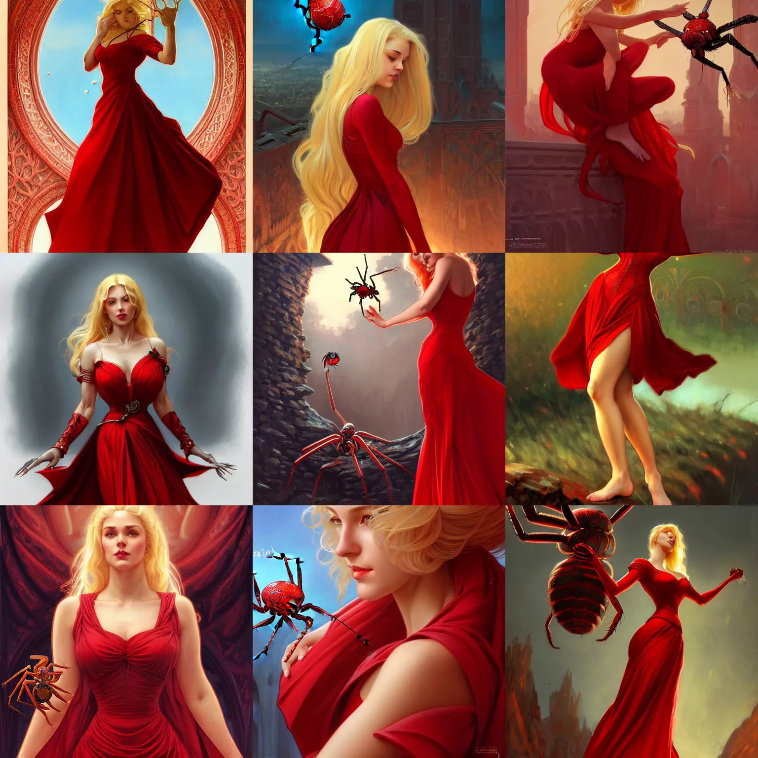 Prompt: beautiful blonde woman in a red dress with a giant spider behind her, closeup, D&D, fantasy, intricate, elegant, highly detailed, digital painting, artstation, concept art, matte, sharp focus, illustration, art by Artgerm and Greg Rutkowski and Alphonse Mucha