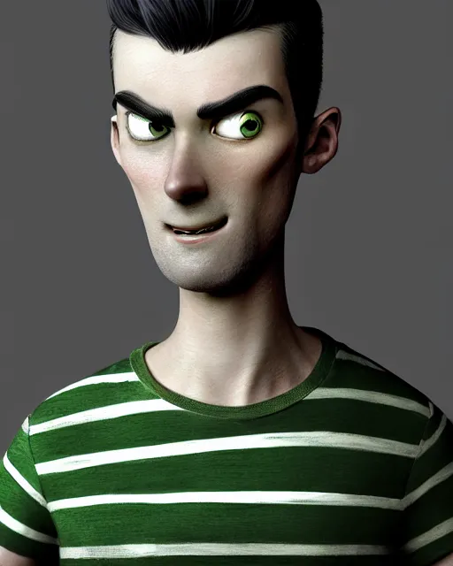 Prompt: An epic fantasy comic book style portrait painting of a charming and friendly young man , using a microscope very expressive, buzz cut dark gray hair, round face, wearing a shirt with !horizontal green and gray stripes, character design by Mark Ryden and Pixar and Hayao Miyazaki, unreal 5, DAZ, hyperrealistic, octane render, cosplay, RPG portrait, dynamic lighting, intricate detail, summer vibrancy, cinematic