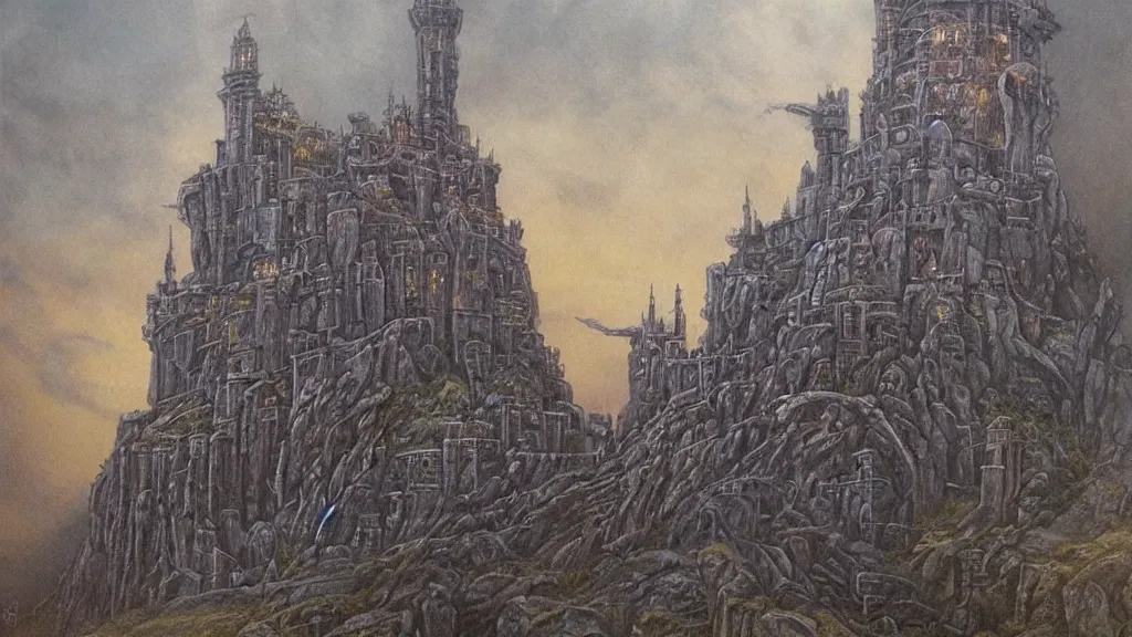 Image similar to an oil painting in the style of alan lee of a steampunk minas tirith