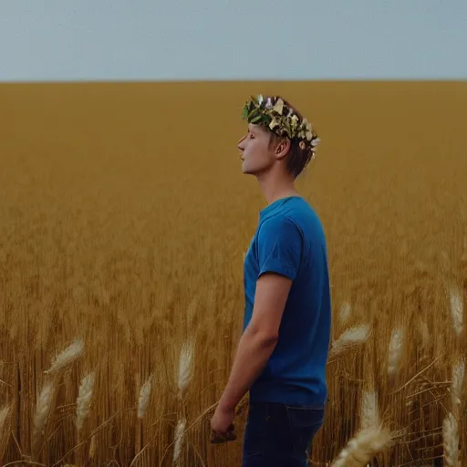 Prompt: lomography color 4 0 0 photograph of a skinny blonde guy standing in a field of wheat, flower crown, back view, golden ratio, light leak, grain, moody lighting, telephoto, 9 0 s vibe, blurry background, vaporwave colors!, faded!,