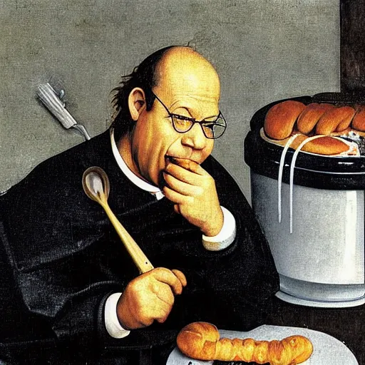 Image similar to George Costanza eating an eclair out of a trash can, by Hieronymous Bosch