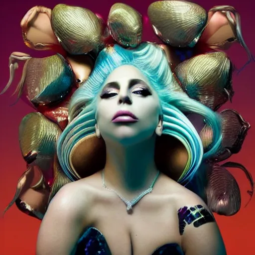 Image similar to lady gaga artpop act ii album cover, artpop film, lady gaga with her venus seashell girl hair
