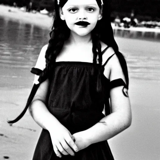 Prompt: b & w photo of wednesday addams at the beach