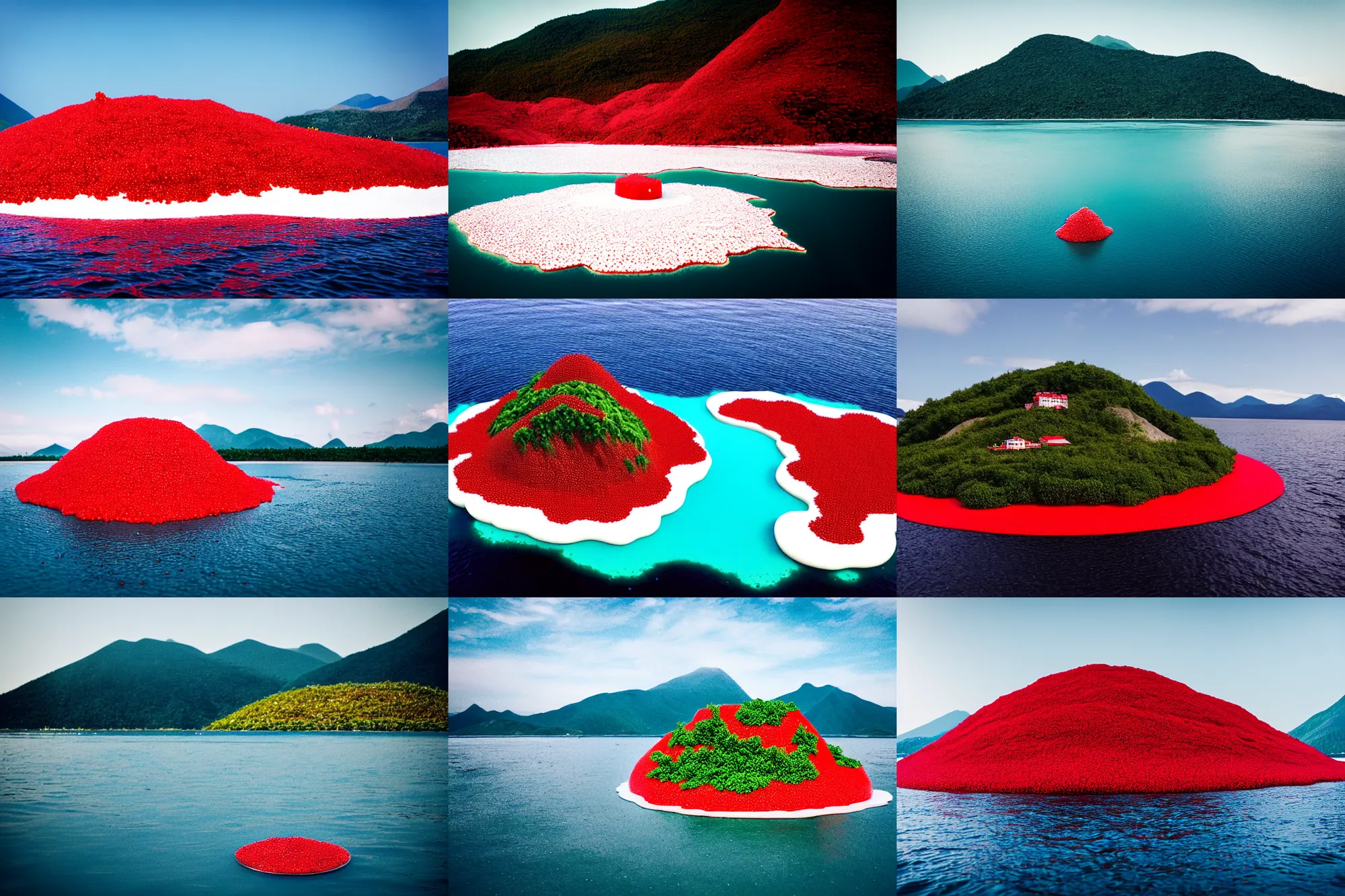 Prompt: an island made of red caviar, in the center of this island there are several mountains made of white ice cream, the water around this island is made of coca - cola ( dark brown water ), the photo was taken from a boat, lemon slices float on the water, 3 5 mm, cinematic