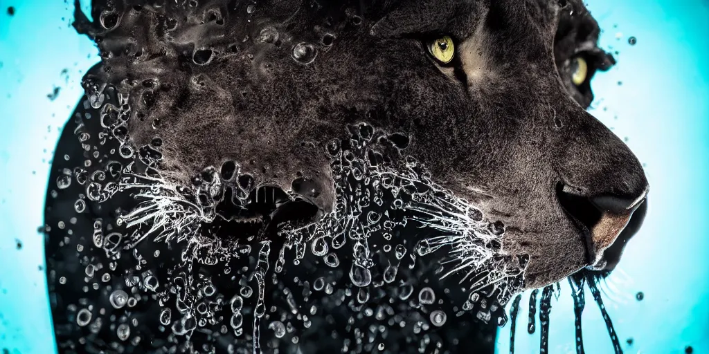 Image similar to a black lioness made of ferrofluid bathing inside the bathtub full of ferrofluid at the photography studio, covered in dripping ferrofluid. dslr, wrinkles, ferrofluid, photography, realism, animal photography