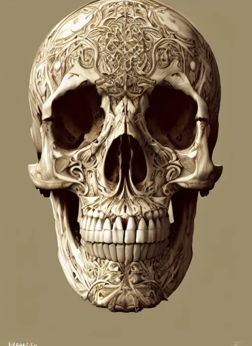 Image similar to hyper realistic photography of intricate renaissance skull ornament made of bone cinematic, symmetric detailed, artstation, cgsociety