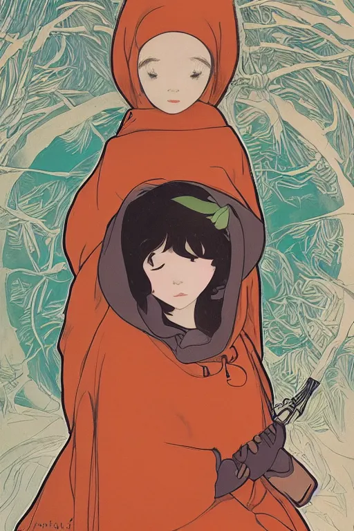 Image similar to a Girl in a large hood sitting on the ground and there have orange slices and album and Microphone around her,Visual Communication Design by studio ghibli and mucha ,Refreshing colour