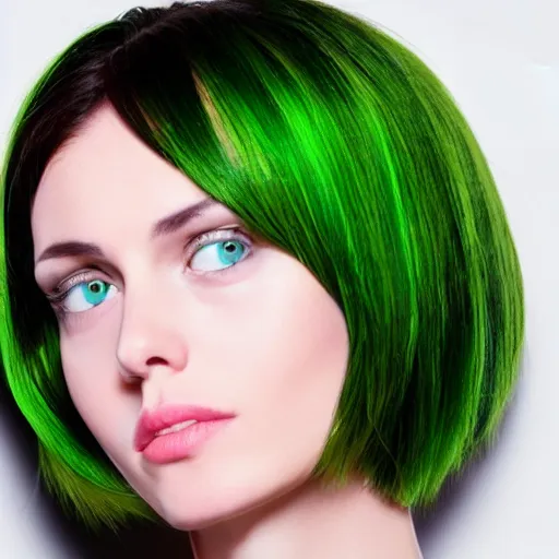 Prompt: brunette woman, short hair, flipped hairstyle, bright green eyes