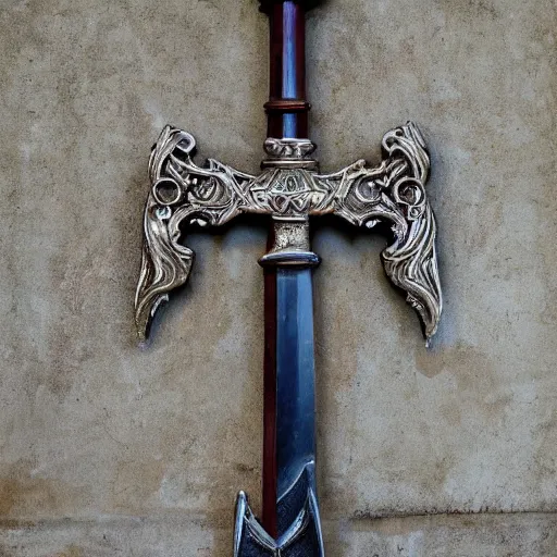 Prompt: sword of justice hanging on a wall, ornate gem in pommel