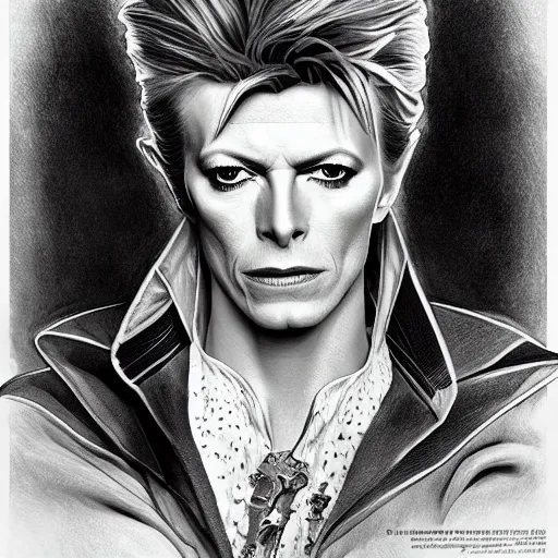 Image similar to amazing lifelike award winning pencil illustration of David Bowie as jareth trending on art station artgerm Greg rutkowski alphonse mucha cinematic