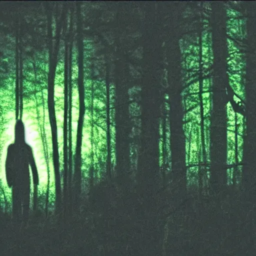 Image similar to grainy surveillance photo still of an alien in the woods at night hiding in the trees of a forest