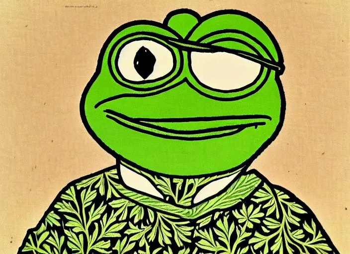 Image similar to pepe the frog, by william morris