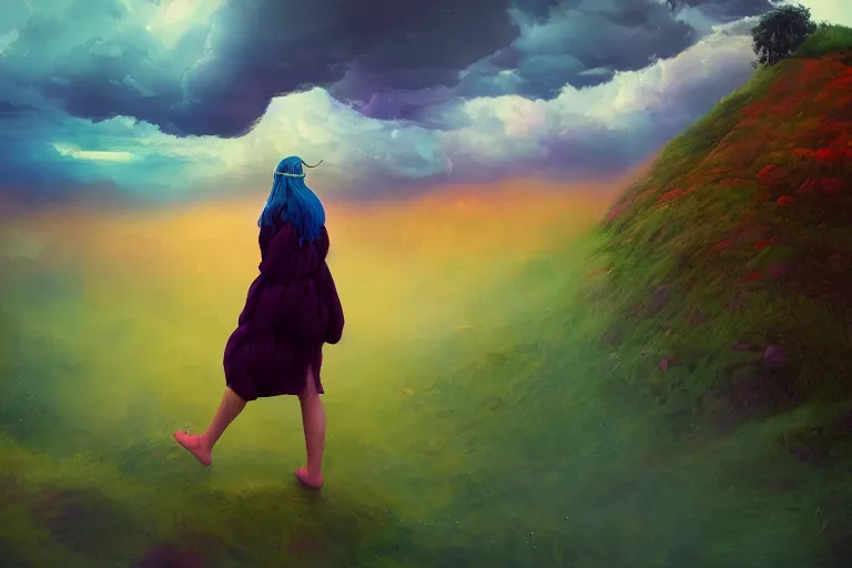 Image similar to giant dahlia flower crown under head, girl walking on mountain, surreal photography, blue storm clouds, dramatic light, impressionist painting, digital painting, artstation, simon stalenhag