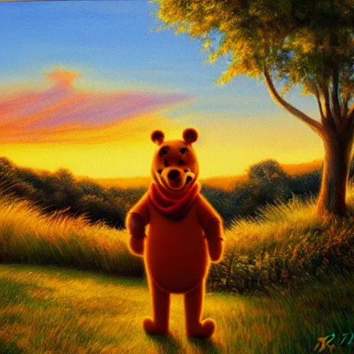 Image similar to winnie the pooh standing on a hill with sunset in background, oil painting, highly detailed